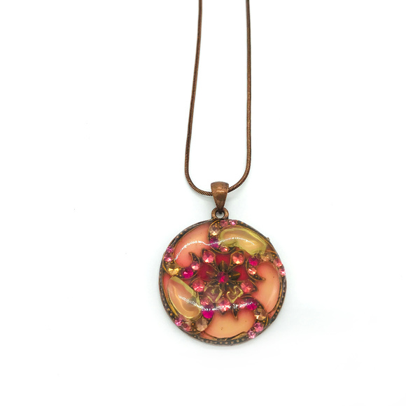 Pink Resin Pendant on Copper Tone Necklace - Picture 2 of 5